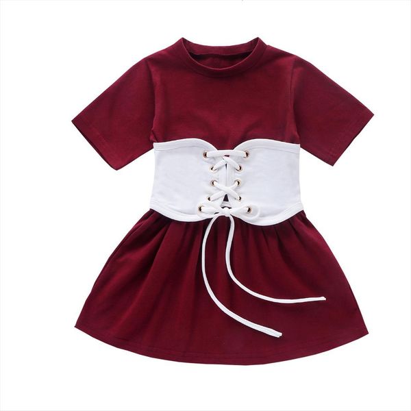 

baby summer clothing 1 6t girl dress infant kids girls fashion belt short sleeve solid shirt slim gown, Red;yellow