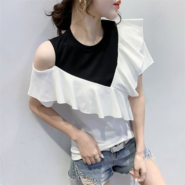 

women's summer t-shirt skew collar patchwork ruffles slim fashion female short-sleeved tees strapless pl007 210506, White