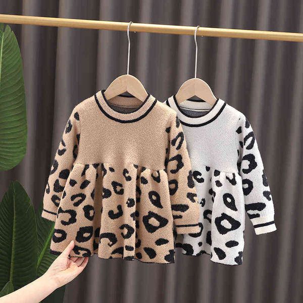 Baby menina roupa mink velvet leopardo impressão cute malha camisola princesa vestido inverno roupas recém-nascido menina infantil knitwear vestido g1129