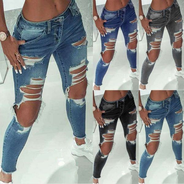 

autumn pants washed hole casual, Blue