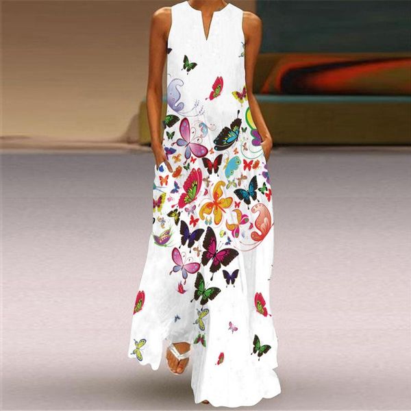 

casual dresses sleeveless long dress 2021 beach women summer lady v neck flowers printed elegant women's, Black;gray