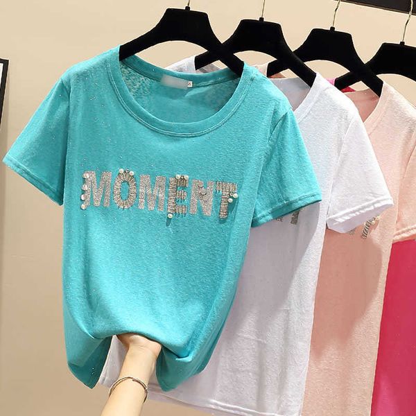 

ropa mujer summer harajuku t shirt women korean fashion thin tshirt short sleeve beading letter print tee shirt femme 210604, White
