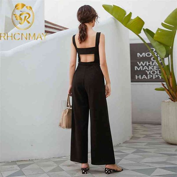 Sexy Backless Macacões Mulheres Sem Mangas Spaghetti Strap Bolso Preto Playsuit Feminino Calças Longas Plus Size OL Moda Ropa Mujer 210506