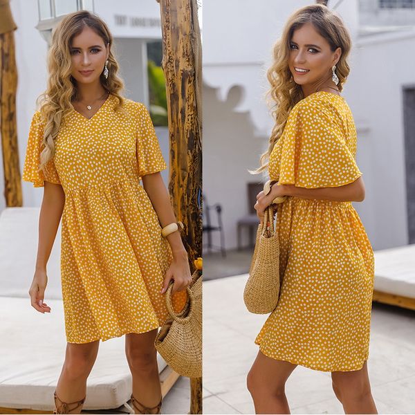 

women's dress wave point short sleeve summer dress, White