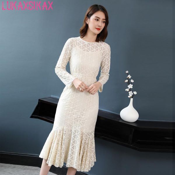 

casual dresses lukaxsikax 2021 spring autumn women long sleeve dress apricot lace runway elegant slim mermaid, Black;gray