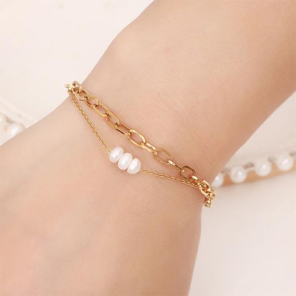

link, chain simple metal double row irregular hollow paperclip link inlaid freshwater pearl stainless steel bracelet women, Black