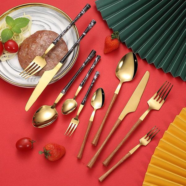 

dinnerware sets 5pcs/ set of stainless steel imitation wood grain tableware steak fruit fork knife tea spoon kitchen household