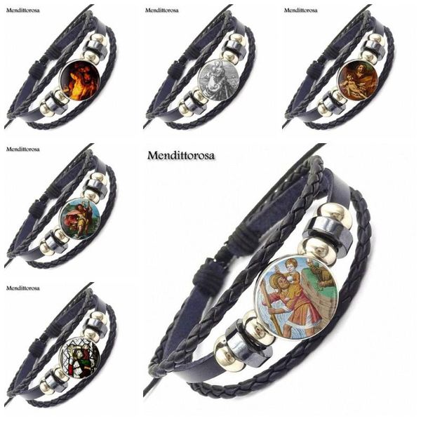 

charm bracelets st chriser and baby jesus glass cabochon jewelry with statement black leather bracelet bangle for girls handmade gift, Golden;silver