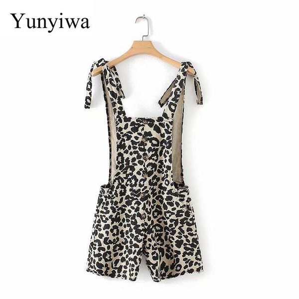

women's jumpsuits & rompers 2021 women vintage leopard print buttons conjoined straps shorts ladies siamese chic casual overalls, Black;white