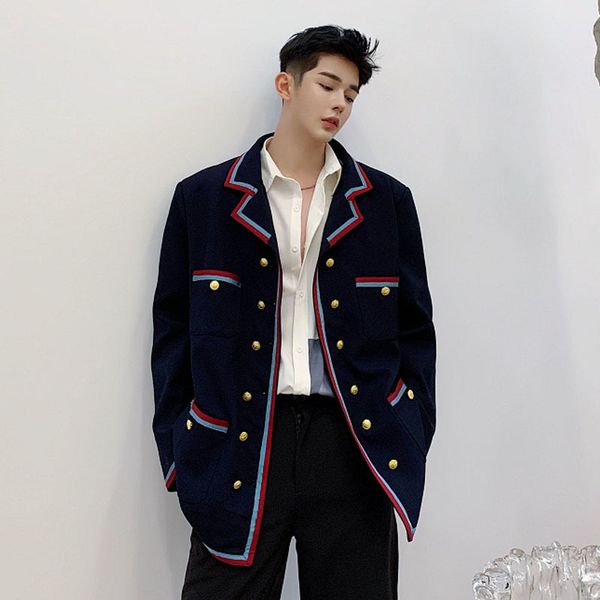 

men's suits & blazers blazer men double breasted ribbon korean preppy style loose casual jacket male vintage streetwear coat l2x2, White;black