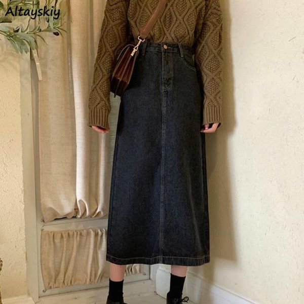 

skirts women midi retro denim black back-slit high waist girls plus size s-5xl all-match streetwear trendy loose vintage est