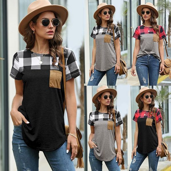 

women's t-shirt 2021 summer supply cross border euro american round neck plaid stitched graphic t shirts, White