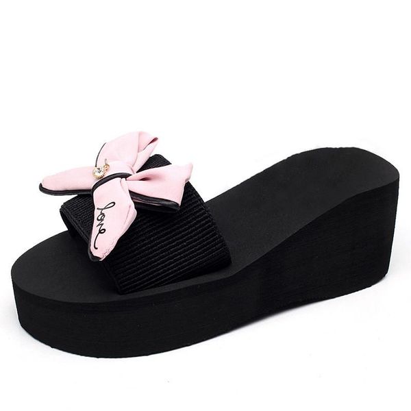 

dress shoes summer bowknot women sandals slides high heels casual beach woman wedge sandal slippers plus size 41 42 xkd8004, Black