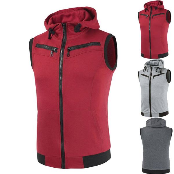 

men's vests men hooded waistcoat fashion turtleneck sleeveless jacket zipper vest casual cotton pure color gilet fitness clothes, Black;white