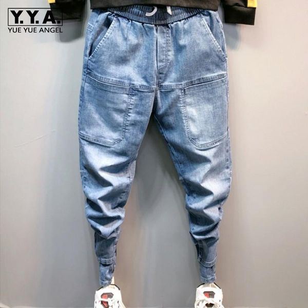 

spring mens elastic waist jeans harem pants male joggers trousers casual hip hop denim long streetwear ankle banded men's, Blue
