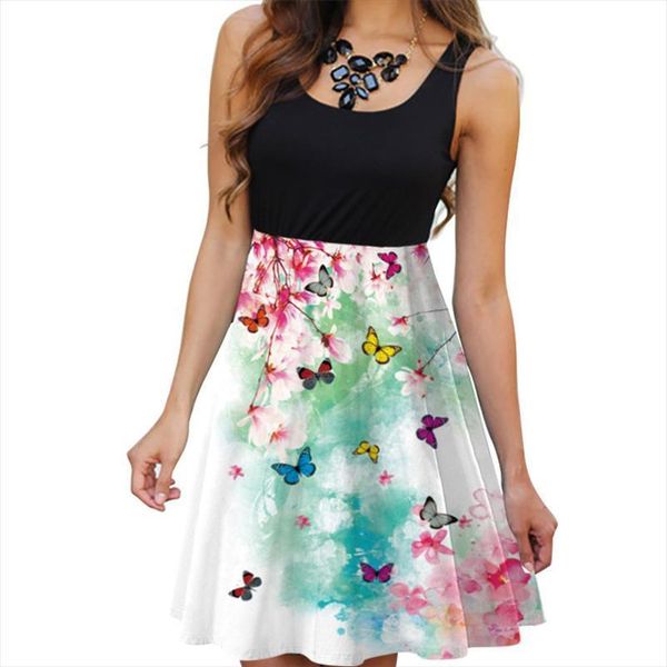 

summer sleeveless mini womens dress loose beach print boho vintage flower a line vestidos, Black;gray