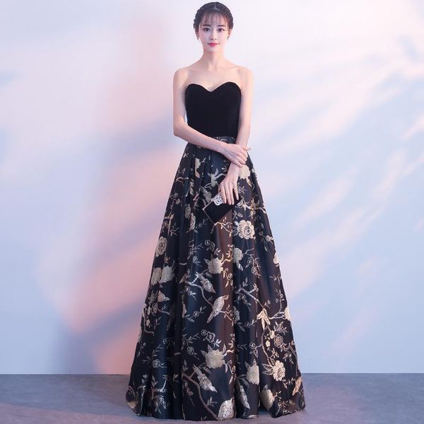 

gold embroidery black evening-dress vintage backless off-shoulder formal elegant noble banquet host prom-dress party ethnic clothing, Red