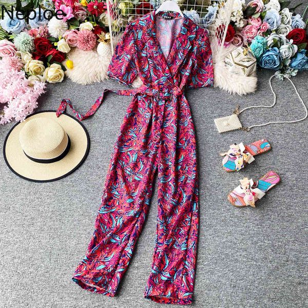 

ins fashion jumpsuit women retro printed suit collar short sleeve playsuits lace-up high waist wide leg overalls 210430, Black;white
