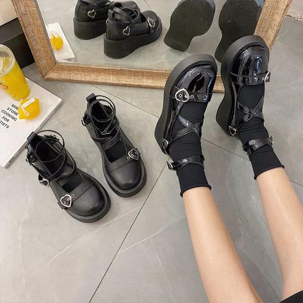 

dress shoes gioio autumn round head mary janes pumps women retro med heel buckle sandals leather heels 5 cm, Black