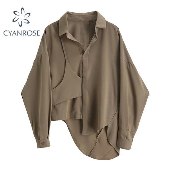 

korean irregular patchwork shirt for women autumn long sleeve loose casual fit fashion split big size blouse female 210515, White