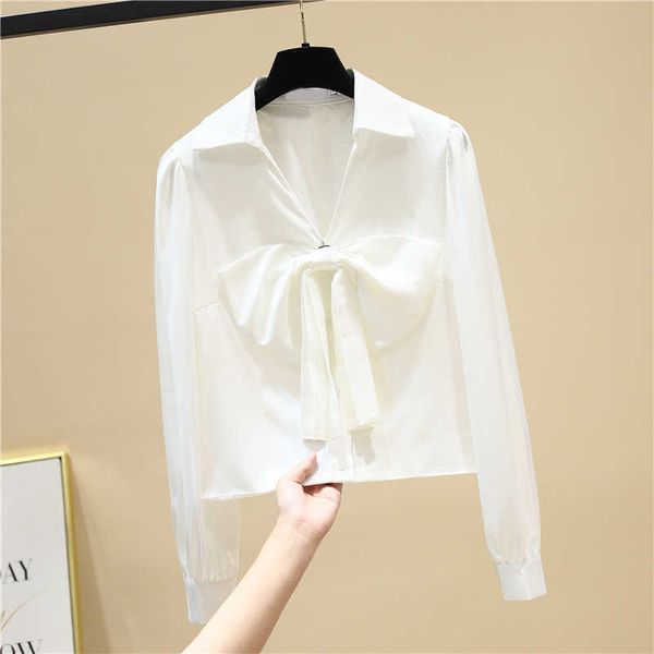 

white bow full turn down collar shirt women's spring loose short 210615