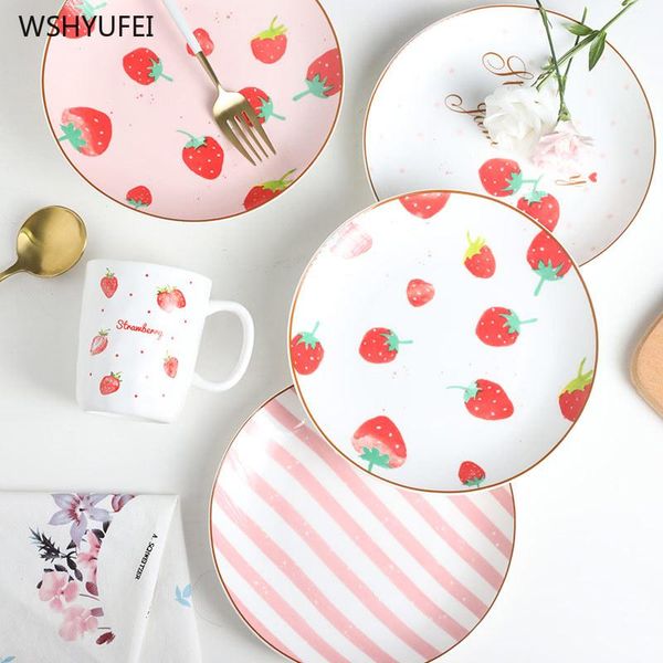 

creative cute strawberry ceramic sauce breakfast bread fruit western steak salad plate cartoon dessert snack dishes & plates