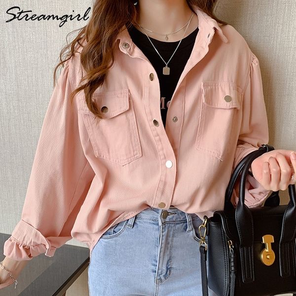 

streamgirl white shirt for women blouses long sleeve autumn plus size outwear blouse women loose boyfriend shirt pink 210421