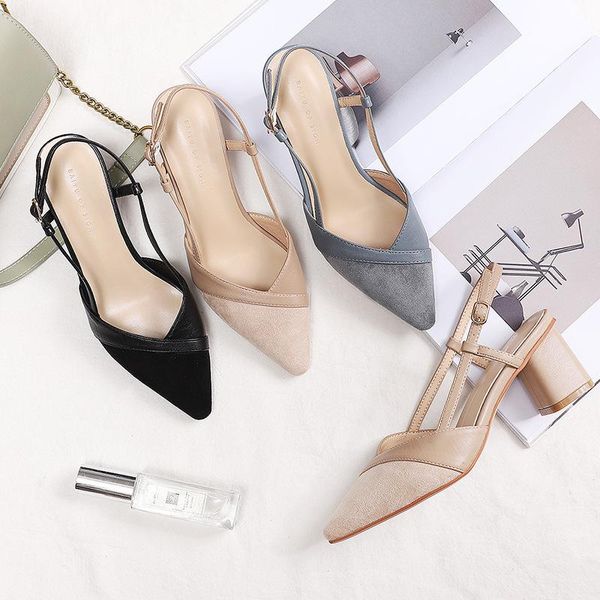 

sandals women mid heel summer slip-on buckle ladies shoes flock strap 3.5cm thin high heels pointed toe shallow back stra, Black