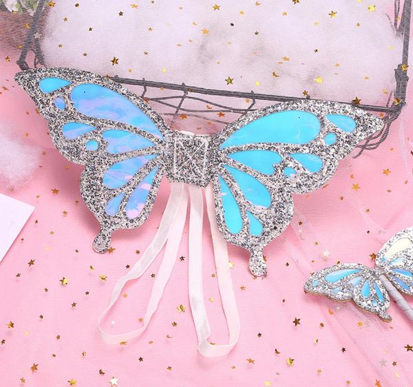 Glitter Butterfly Fairy Wing Wand Crown Set kızlar parti fantezi elbise destekler doğum günü hediyesi Noel çantası dolgu kostüm mavi