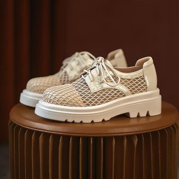 

oxford shoes for women genuine leather spring autumn 2021 round toe platform cross-tied chunky high heels casual mesh pumps dress, Black