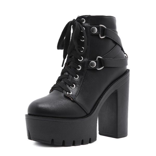 

waterproof platform women's shoes thick high heel boots fashion round toe woman leather ankle black zapatos para mujer 2a