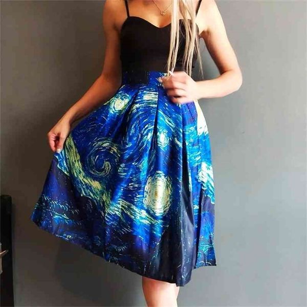 Moda Cetim Mulheres Vintage Van Gogh Starry Sky Pintura A óleo Impressão High cintura saia rockabilly tutu retro saia sk057 210401