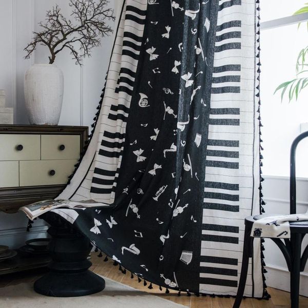 

american black tassel kitchen curtain cotton and linen piano print country style semi shade window & drapes