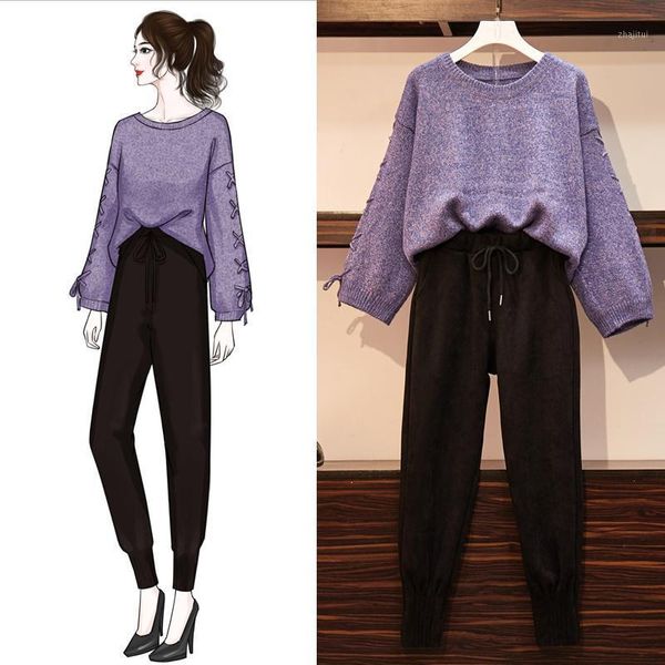 

two piece dress 2021 autumn winter set women casual knitting sweaters + suede pants 2 outfits for, White