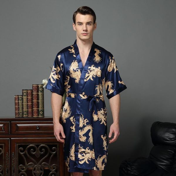 

men's sleepwear men green lounge satin nightwear for print dragon comfort silky bathrobes noble dressing gown sleep robes, Black;brown