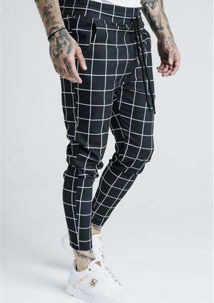 

men's fashion plaid sik silk printing casual sweatpants street hip hop slim pants polyester 2x10, Black