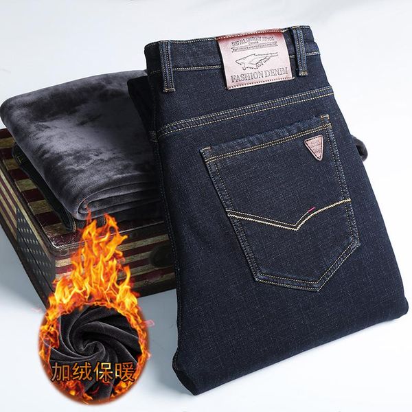 

men's jeans warm winter business fashion fit fleece thicken trousers male brand pants black blue