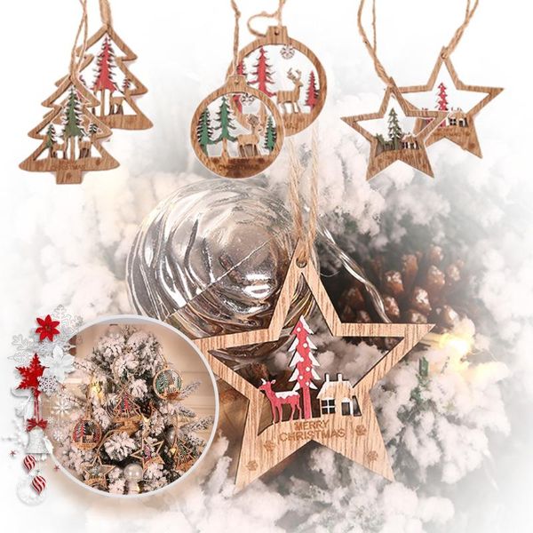 

christmas decorations six-piece ornaments creative tree three-dimensional hollow elk pendant colorful wooden round