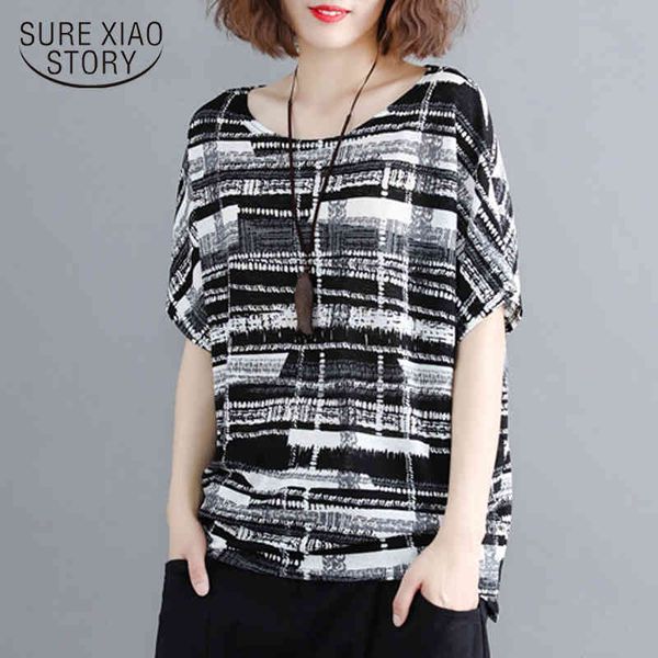 

summer feminine blouses plus size women shirt batwing sleeve print black striped blusas 0275 40 210508, White
