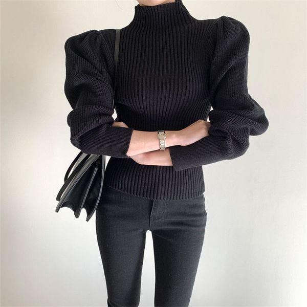 

soft pullovers solid chic basic puff sleeves turtleneck brief basewear warm simple sweaters 210421, White;black