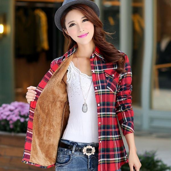 

winter velvet thick warm womens shirts plaid cotton long sleeve lady checked outwear high quanlity, White