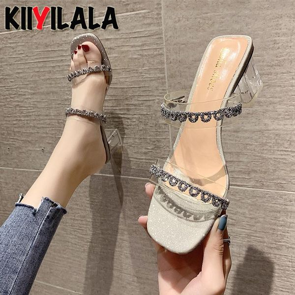 

kiiyilala transparent square heel open toe slides women summer cool mules crystals luxury slippers casual flip flops woman shoes, Black