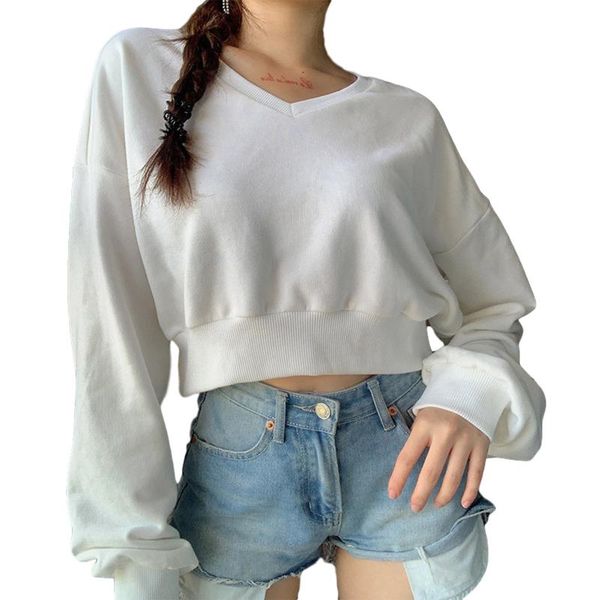 

women\u2021s autumn casual long-sleeved t-shirt fashion solid color v-neck short style sweatshirt women's blouses & shirts, White
