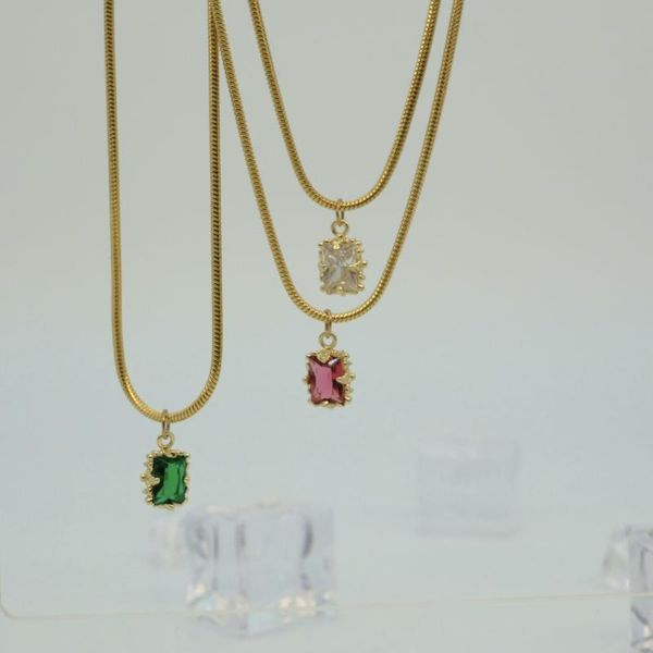 

pendant necklaces mini rectangle colorful zircon necklace for women stainless steel snake chain chokers jewelry accessories, Silver