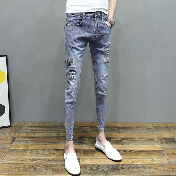 

men's jeans spring summer men's korean slim light-colored embroidery ripped jeans elastic casual feet pants long pencil 5bzt, Blue