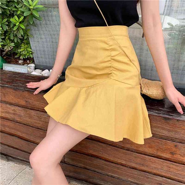 Saias Japão Estilo Chic Slim Amarelo Cintura Alta Wrap Ruffles Sereia Saia Mulheres Doce Faldas Mujer Moda Moda Verão 210429