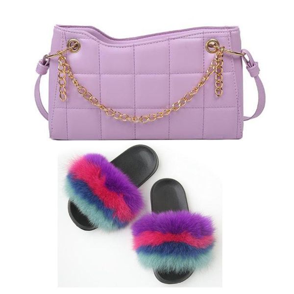 

2021women shoes fluffy slippers and handbags flip flops furry comfortable sandals bags real fur slides with purses sets, Black