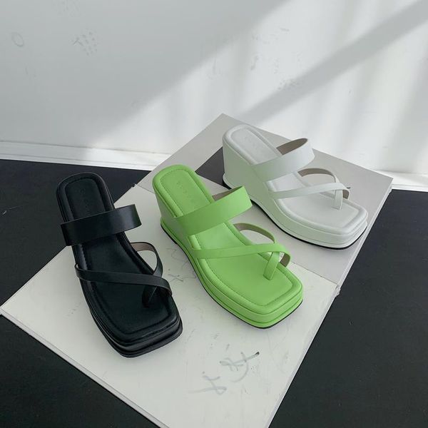 

slippers 2021 brand platform leather women sandal open toe casual slides summer outdoor beach female flip flops wedges heel, Black