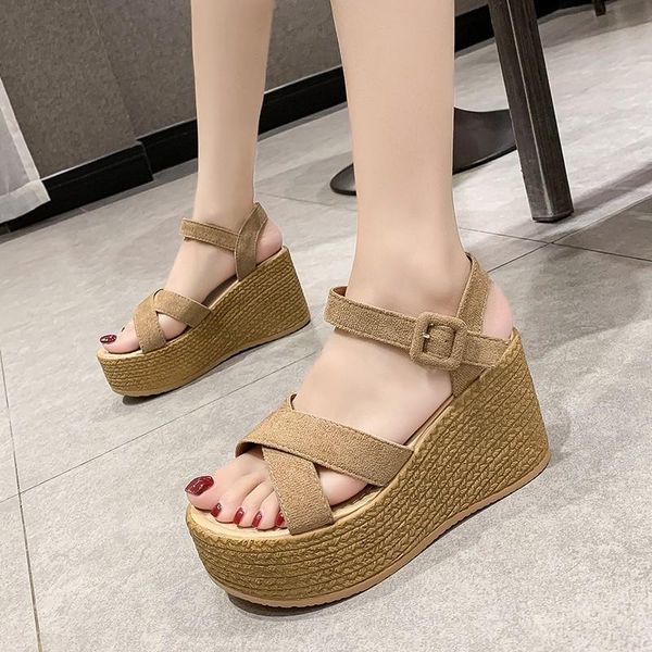 

sandals rimocy women ankle strap platform wedges 2021 boho chunky high heels gladiator shoes woman summer beach mujer 43, Black
