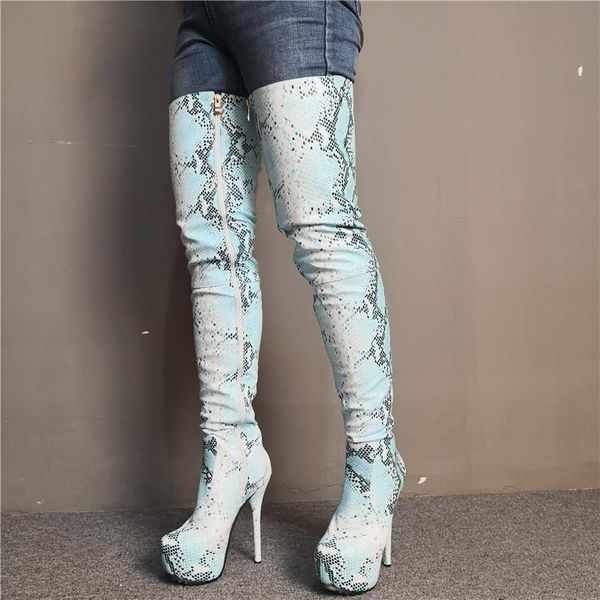 

boots fashion platform blue snake skin women botas mujer invierno 2021 pointed toe over-the-knee high ladies party shoe, Black